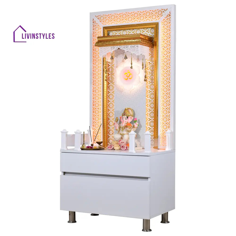 Designer Wooden Mandir for Home with LED Strip Lights and Storage Mandir