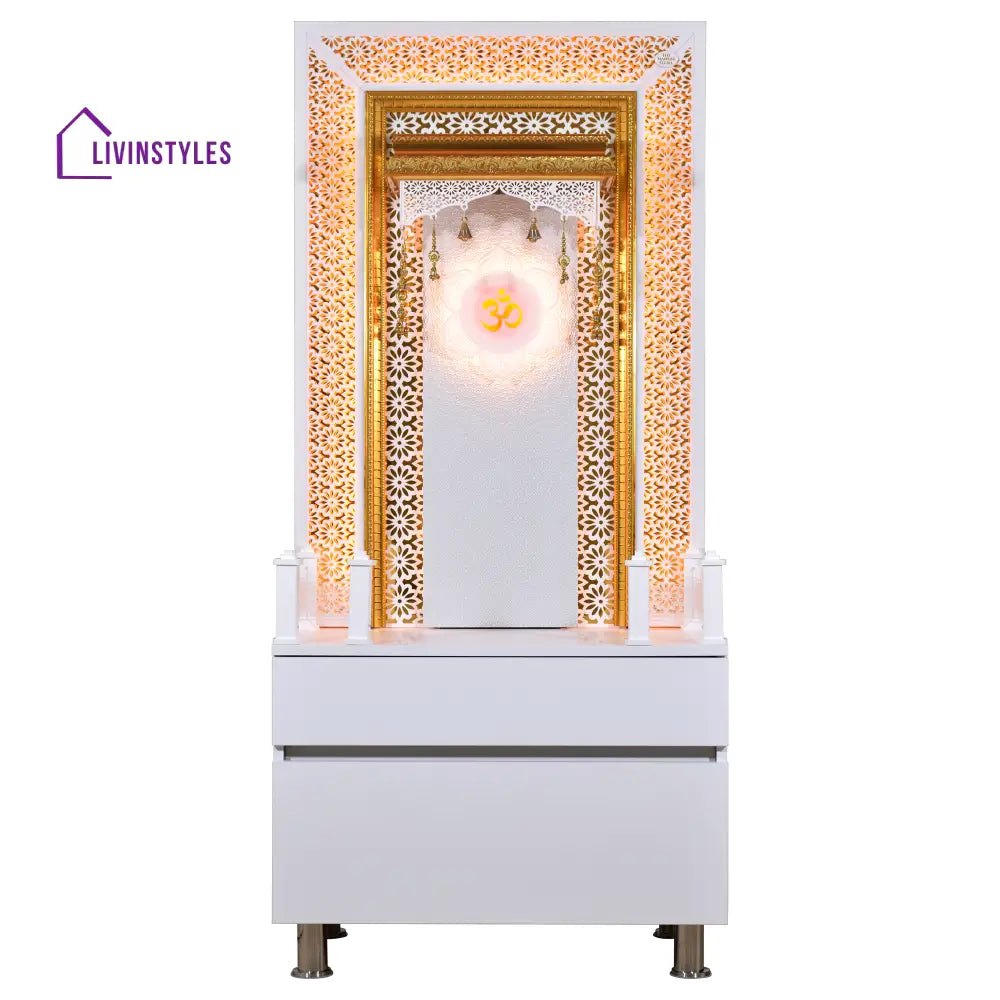 Designer Wooden Mandir for Home with LED Strip Lights and Storage Mandir