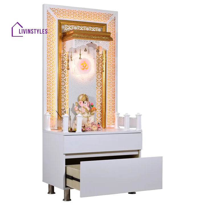 Designer Wooden Mandir for Home with LED Strip Lights and Storage Mandir