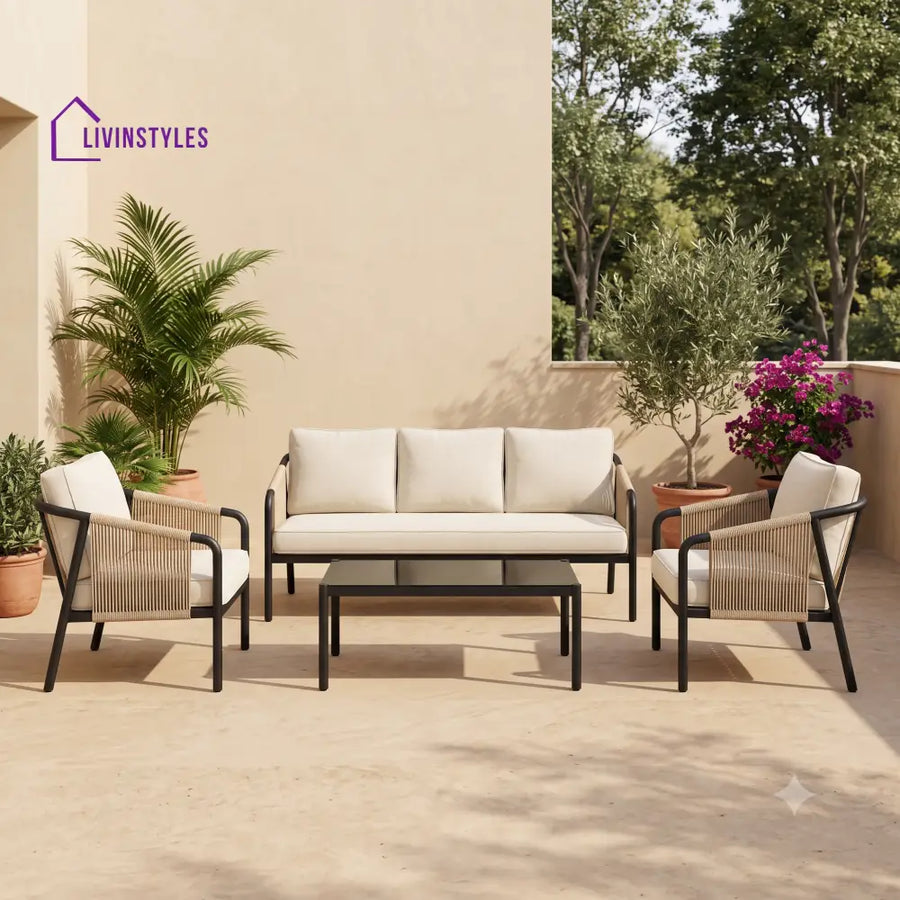 Desiree Metal Frame and Rope Weaving Outdoor Sofa Set 3 + 1 +1 and Coffee Table | Premium Uphostery