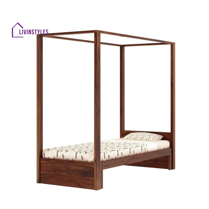 Desiree Solid Sheesham Wood Single Poster Bed Without Storage (Natural Finish) Bed