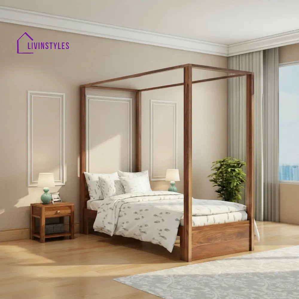 Desiree Solid Sheesham Wood Single Poster Bed Without Storage (Natural Finish) Bed
