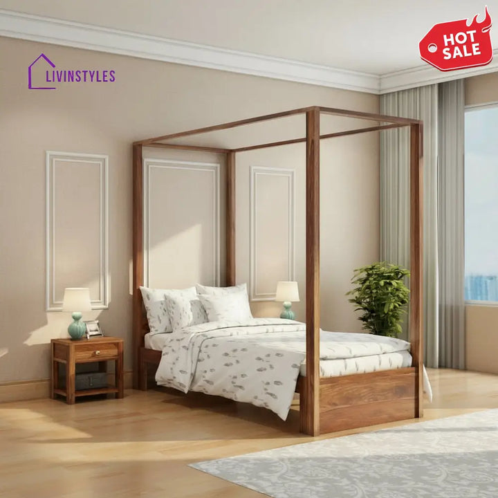 Desiree Solid Sheesham Wood Single Poster Bed Without Storage (Natural Finish) Bed