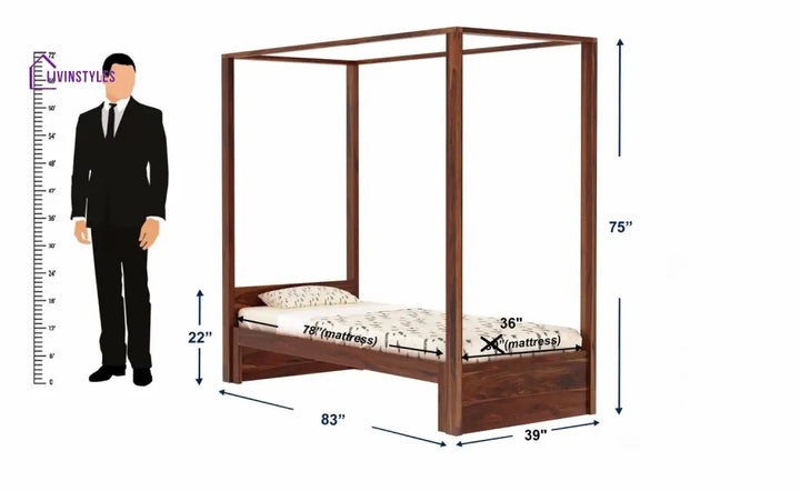 Desiree Solid Sheesham Wood Single Poster Bed Without Storage (Natural Finish) Bed