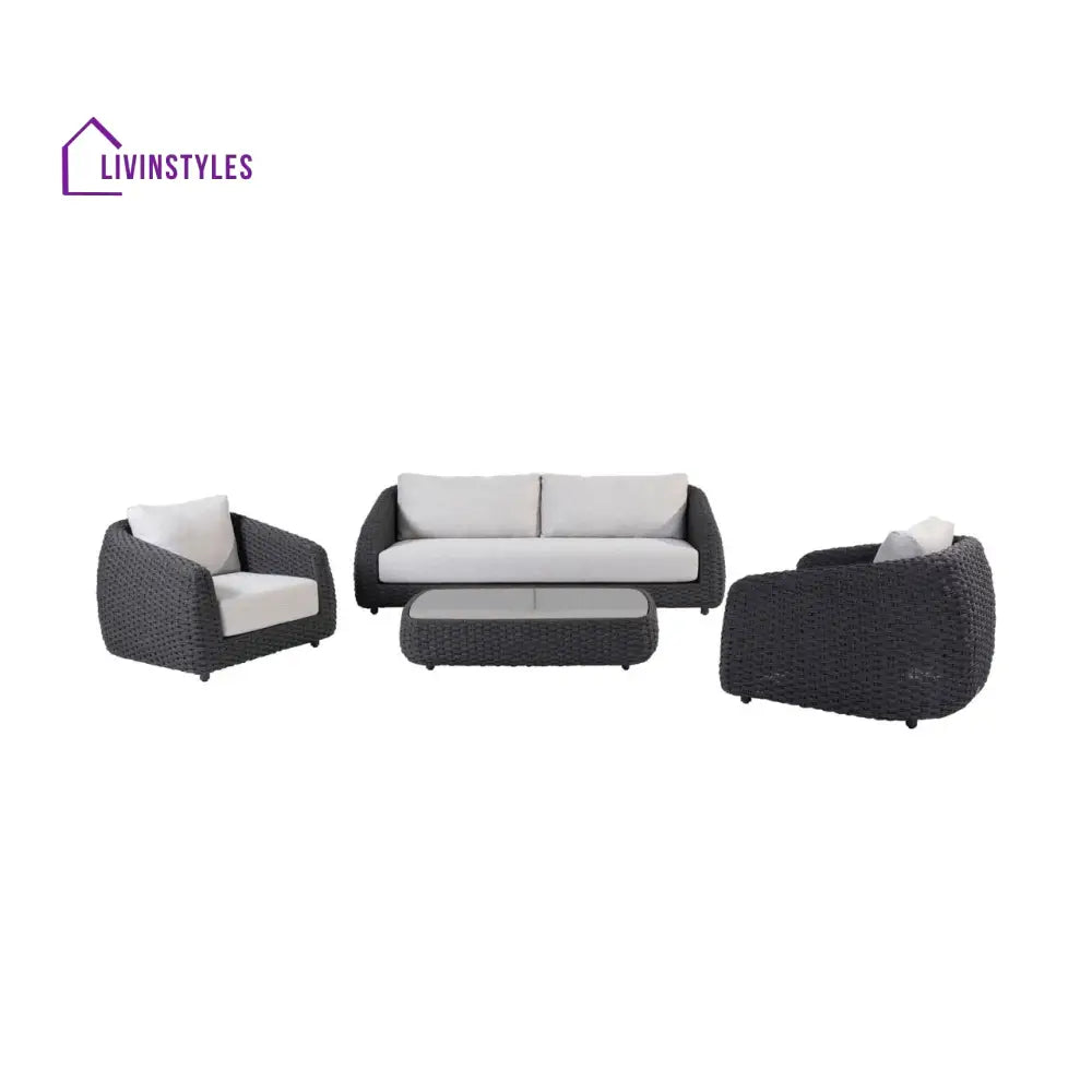 Deskoy Outdoor Garden Balcony Sofa Set 2 Seater 2 Single seater and 1 Center Table Set Braid & Rope (Black) - Sofa Sets