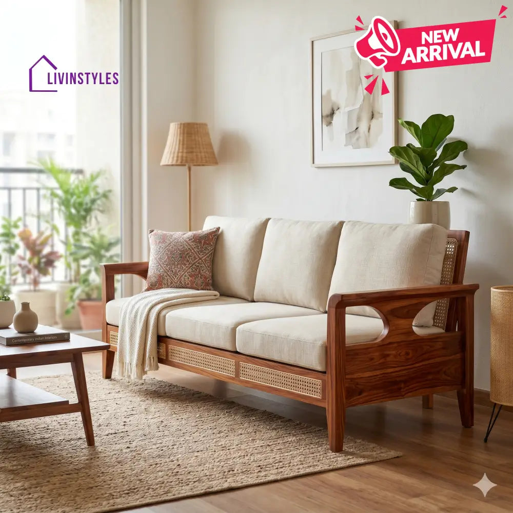 Dev Sheesham Wood and Cane Sofa for Living Room