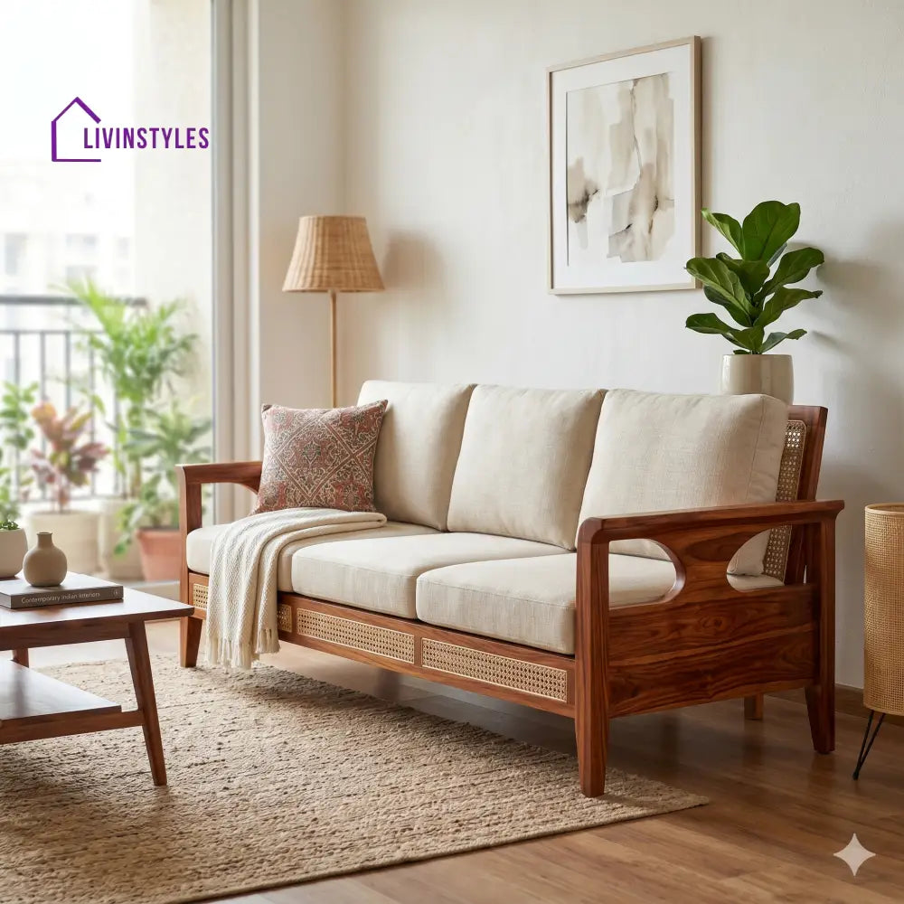 Dev Sheesham Wood and Cane Sofa for Living Room