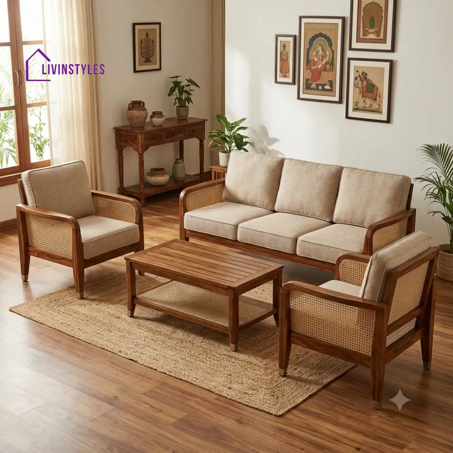 Devaki Wooden Sofa Set | 3 + 1 + 1 Sheesham Wood Sofa Set for Living Room
