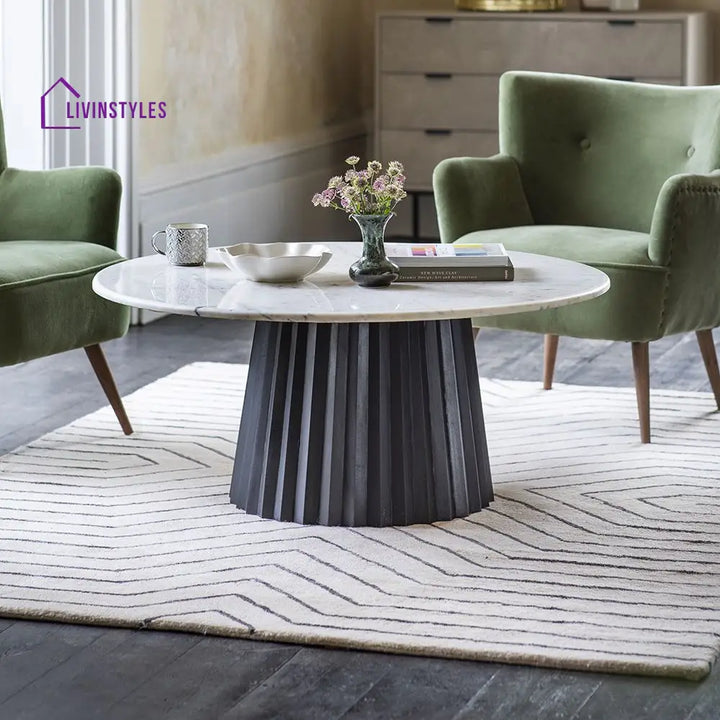 Devansh Acacia Wood Round Coffee Table with White Marble Top – Timeless Elegance in Two Wood Finishes