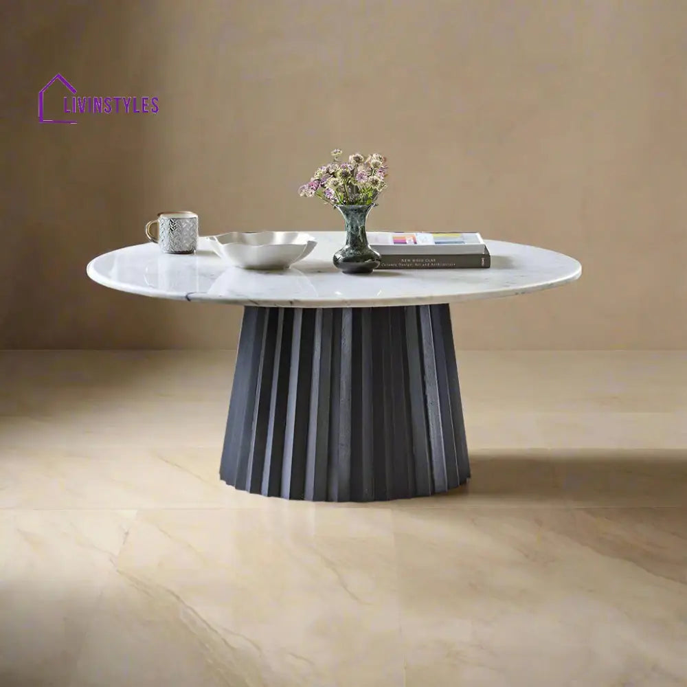 Devansh Acacia Wood Round Coffee Table with White Marble Top – Timeless Elegance in Two Wood Finishes Black