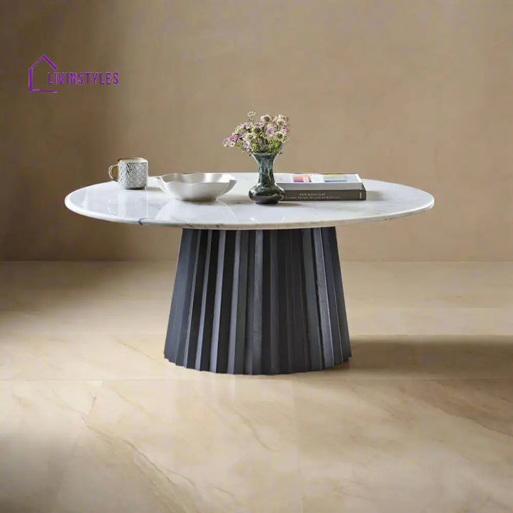 Devansh Acacia Wood Round Coffee Table with White Marble Top – Timeless Elegance in Two Wood Finishes Black