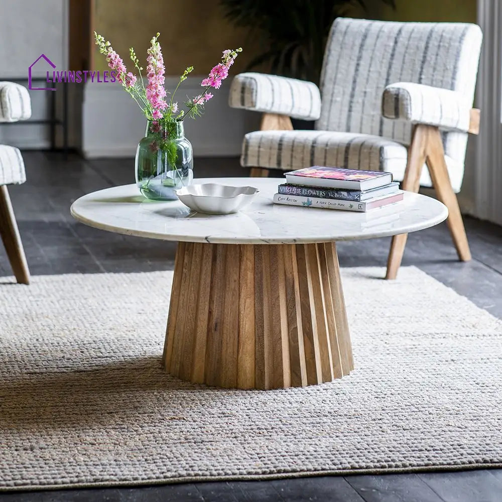 Devansh Acacia Wood Round Coffee Table with White Marble Top – Timeless Elegance in Two Wood Finishes Natural