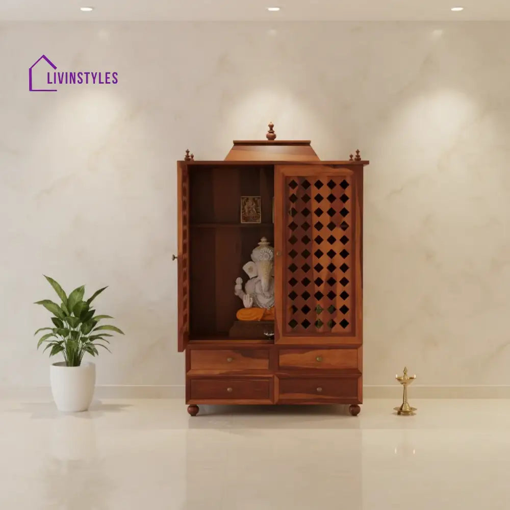 Devika Sheesham Wood Home Temple | Mandir For In Honey Finish