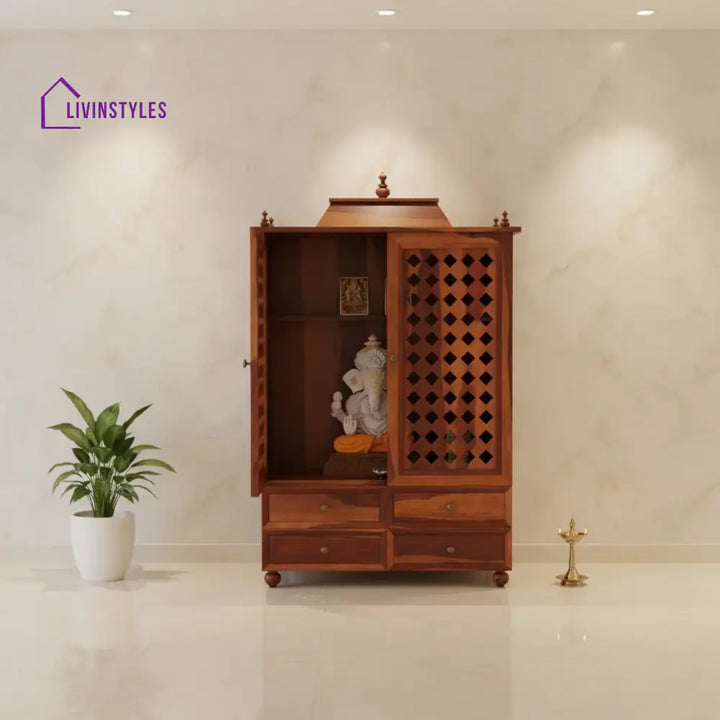 Devika Sheesham Wood Home Temple | Mandir For In Honey Finish