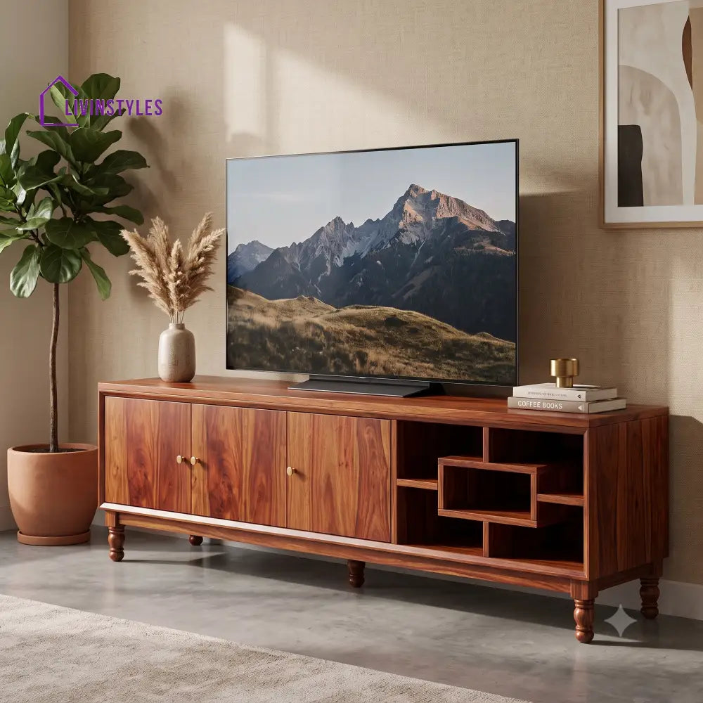 Devika Solid Sheesham Wood TV Unit For Living Room With Storage