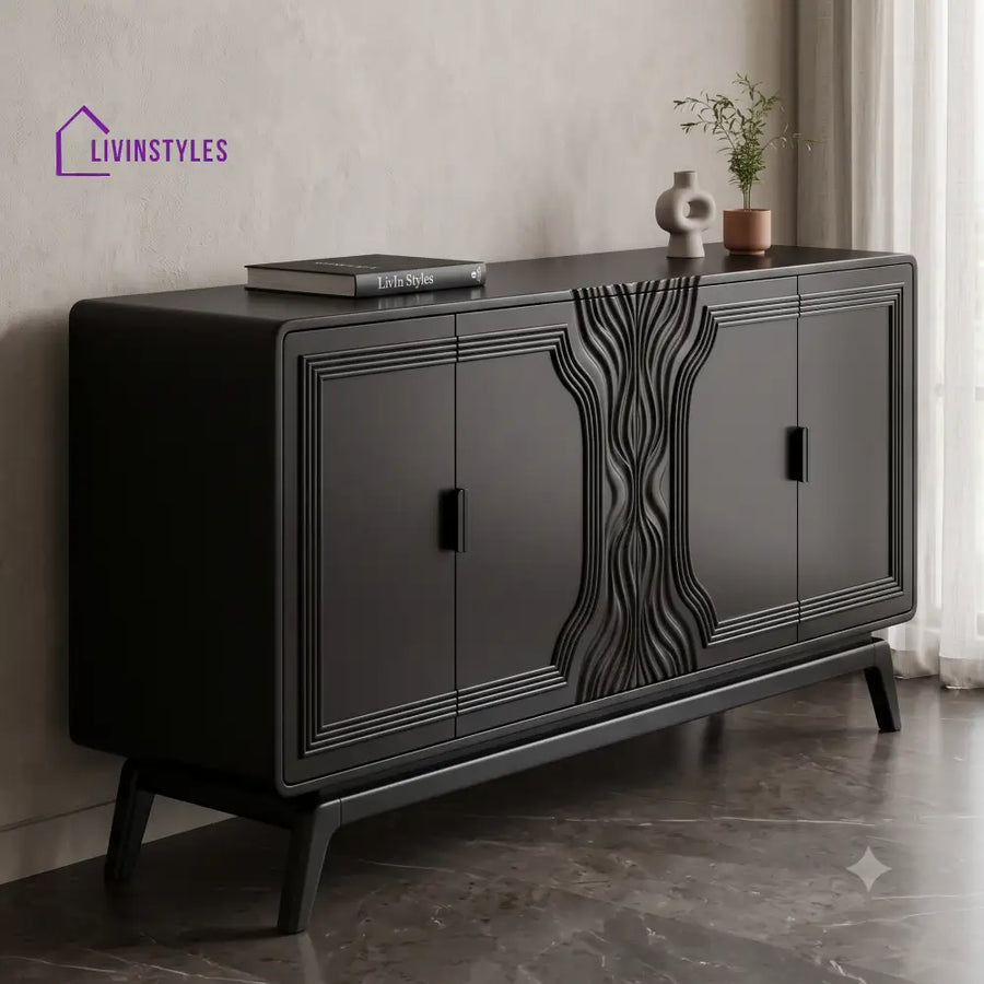 Devika Solid Wood Sideboard and Cabinet in Black Finish