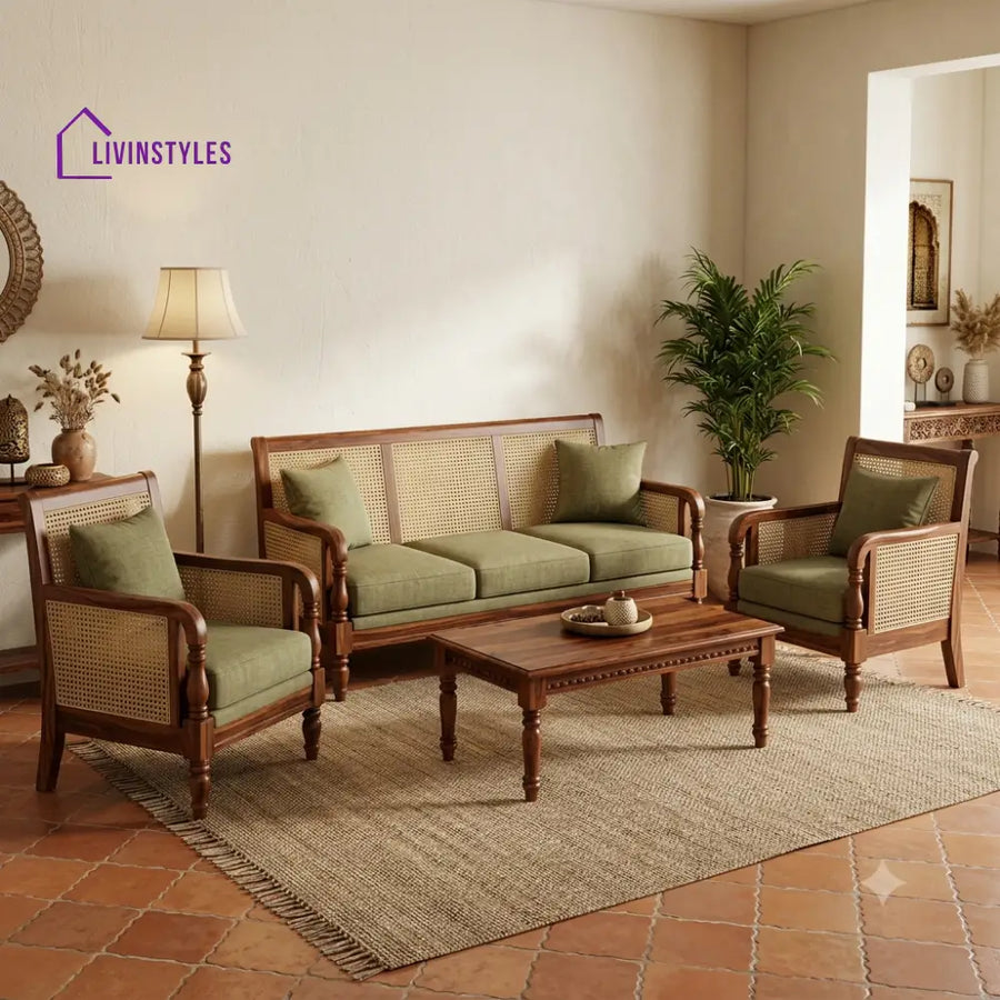 Devika Wooden Sofa Set | 3 + 1 + 1 Sheesham Wood Sofa Set for Living Room