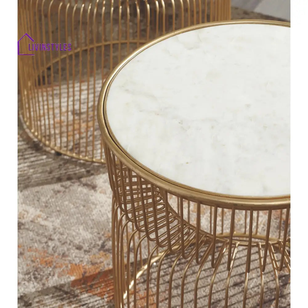Devon Modern Luxurious Round Marble Side Table In Gold Color - Set Of 2 Tpr Finishing