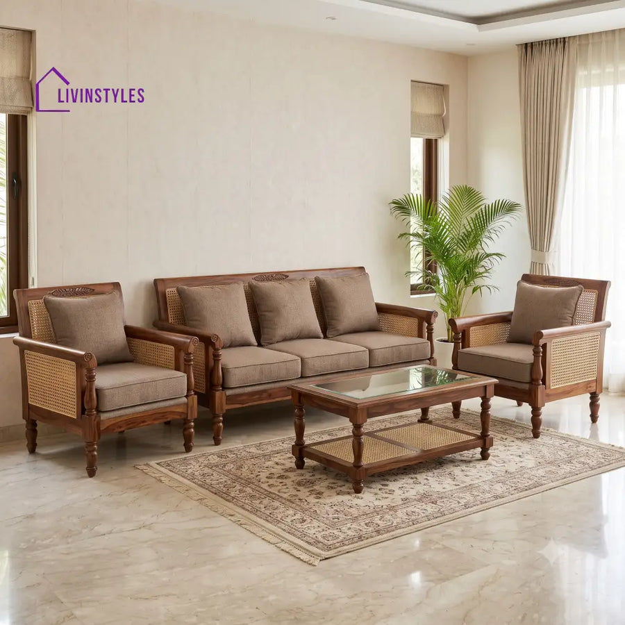 Dhanalakshmi Wooden Sofa Set | 3 + 1 + 1 Sheesham Wood Sofa Set for Living Room