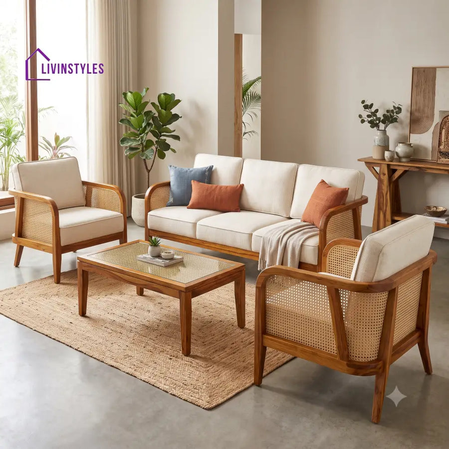 Dhanushri Wooden Sofa Set | 3 + 1 + 1 Sheesham Wood Sofa Set for Living Room