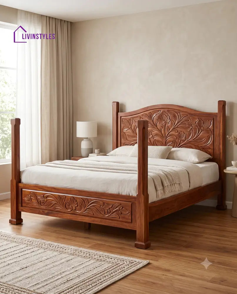 Dhanya Wooden Bed | Solid Wood Double Bed | Wooden King size bed & Wooden Queen size bed