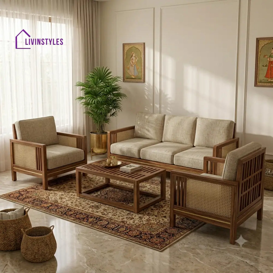 Dhanya Wooden Sofa Set | 3 + 1 + 1 Sheesham Wood Sofa Set for Living Room