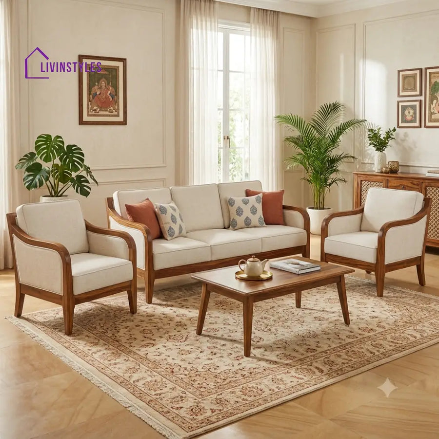Dharani Wooden Sofa Set | 3 + 1 + 1 Sheesham Wood Sofa Set for Living Room
