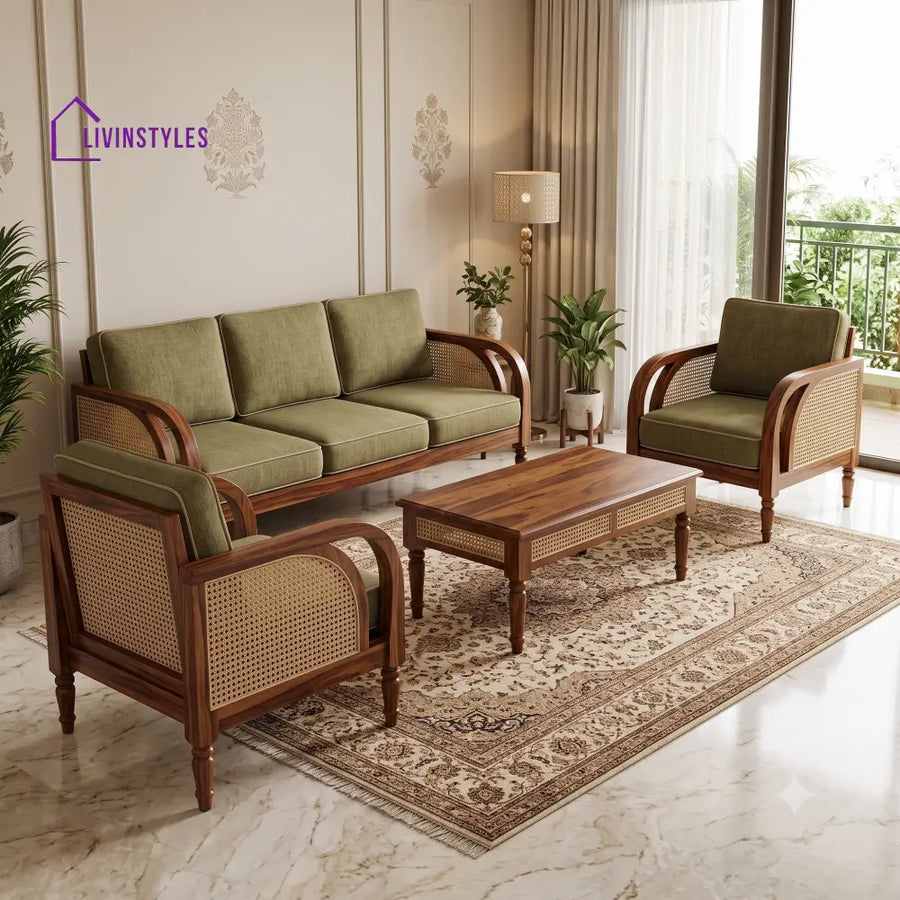Dharshana Wooden Sofa Set | 3 + 1 + 1 Sheesham Wood Sofa Set for Living Room
