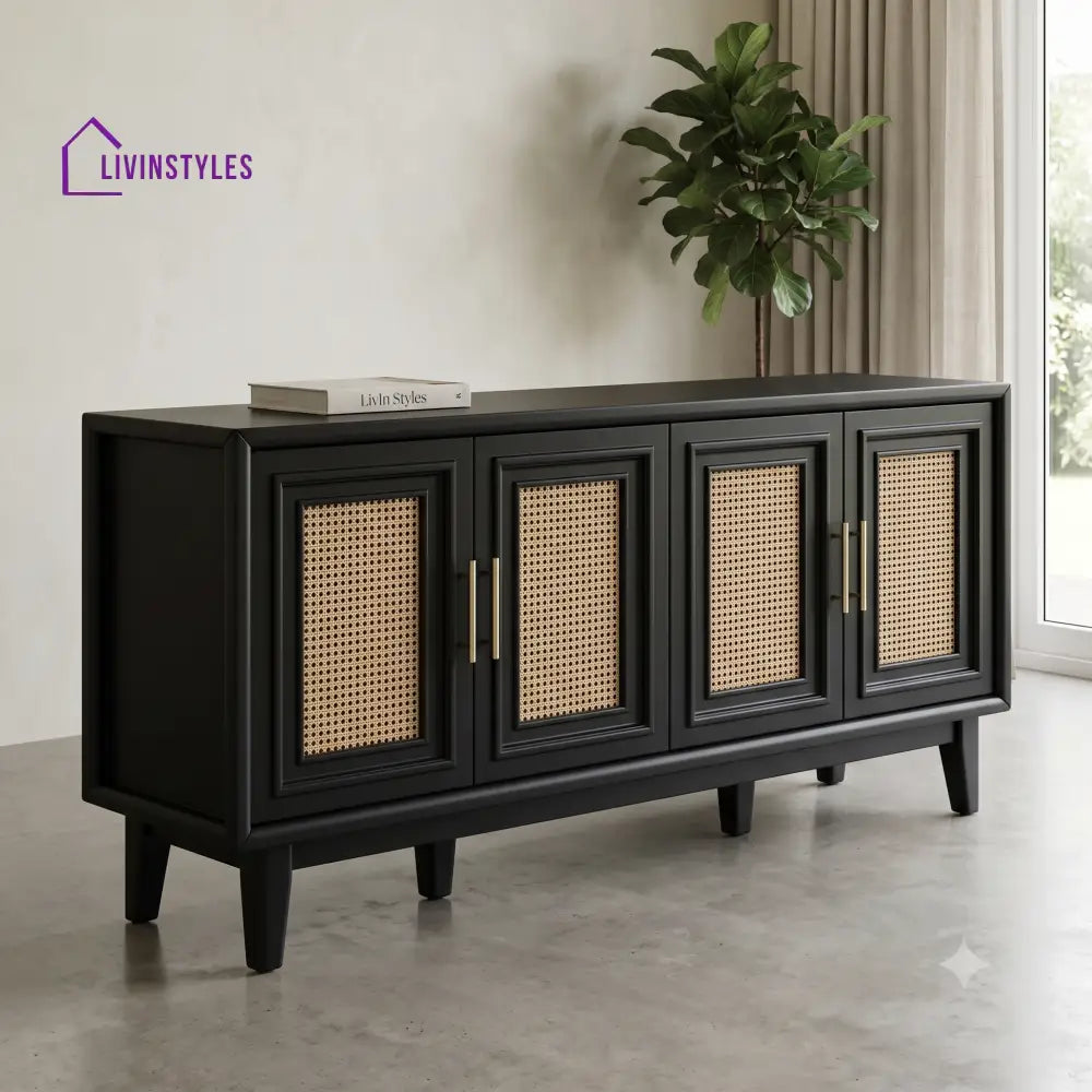 Dhivya Solid Wood Sideboard and Cabinet in Black Finish