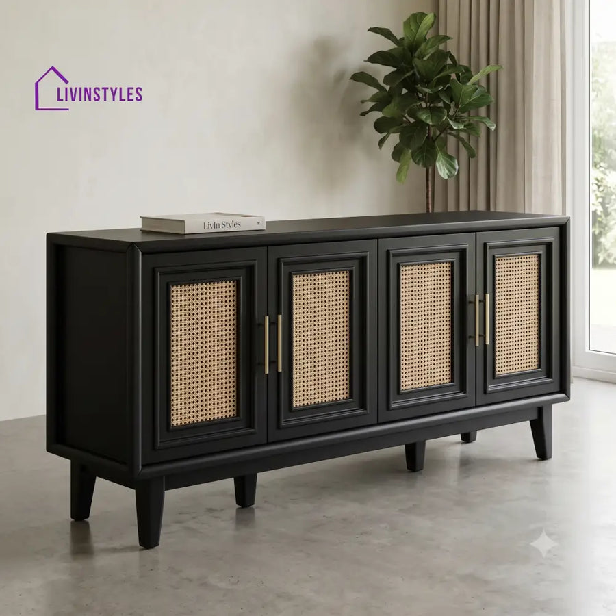 Dhivya Solid Wood Sideboard and Cabinet in Black Finish
