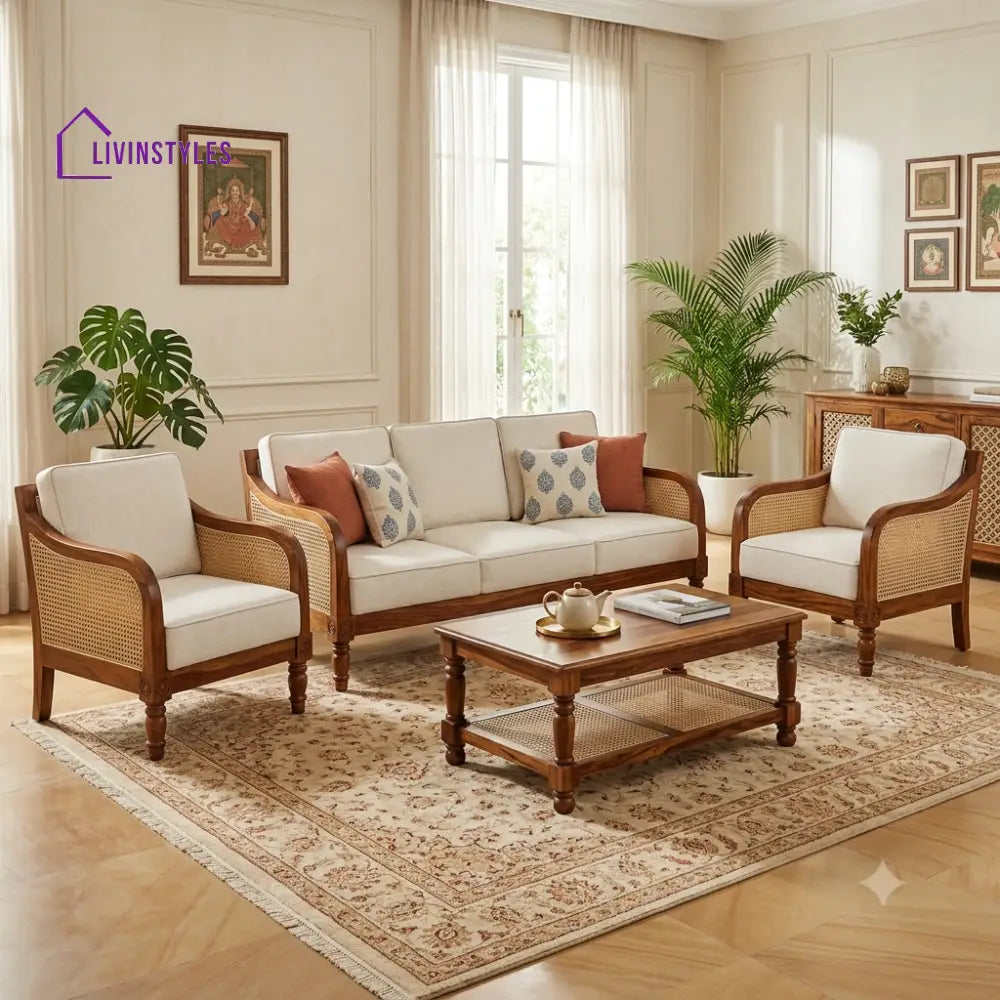 Dhivya Wooden Sofa Set | 3 + 1 + 1 Sheesham Wood Sofa Set for Living Room