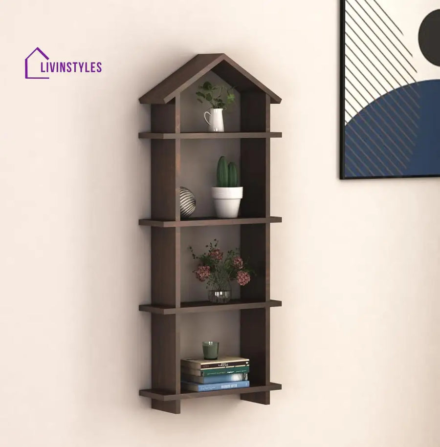 Diana Sheesham Wood Hut Shape Wall Shelves Wall Mounted Display Rack Storage Organizer Corner Hanging Shelf for Living