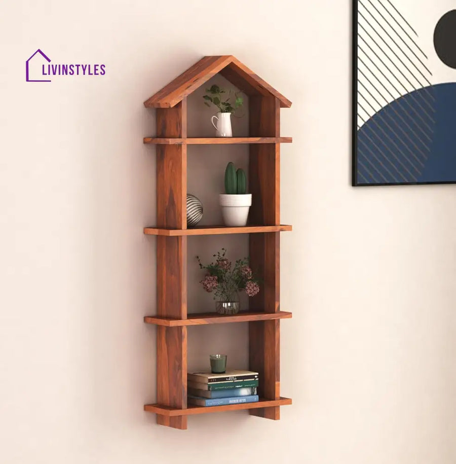 Diana Sheesham Wood Hut Shape Wall Shelves Wall Mounted Display Rack Storage Organizer Corner Hanging Shelf for Living