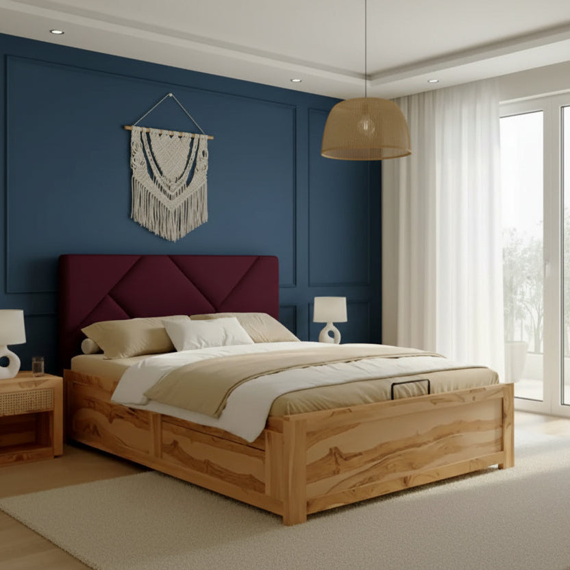 Diep Real Teak Wood Hydraulic Bed King Size Red Wine