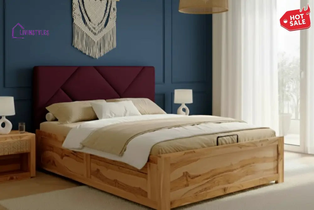 Diep Real Teak Wood Hydraulic Bed King Size Red Wine