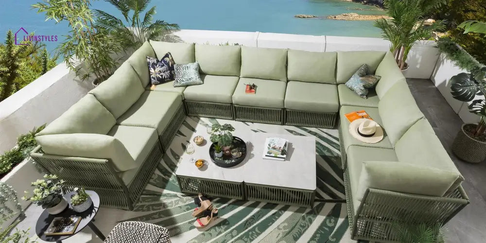 Dieter Outdoor Sofa Set 9 Seater and 2 Center Table Set (Green) Braided & Rope - Sofa Sets