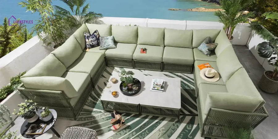 Dieter Outdoor Sofa Set 9 Seater and 2 Center Table Set (Green) Braided & Rope - Sofa Sets
