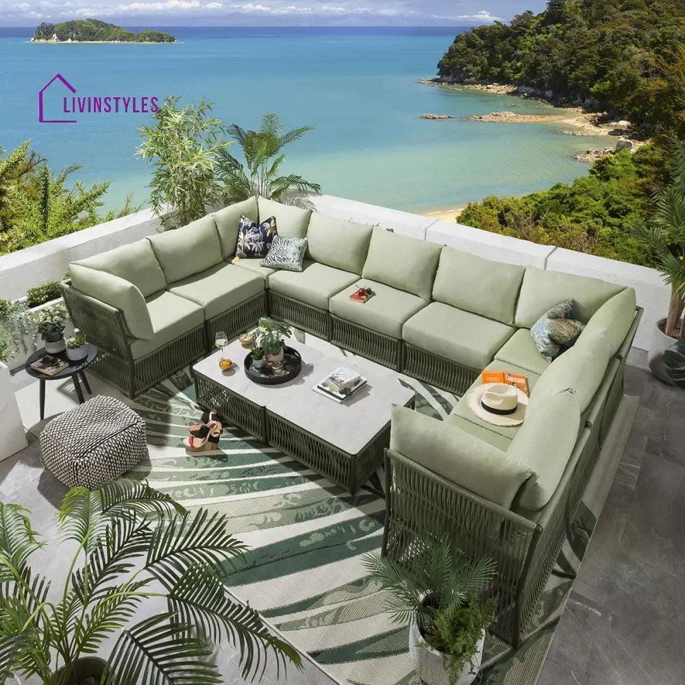 Dieter Outdoor Sofa Set 9 Seater and 2 Center Table Set (Green) Braided & Rope - Sofa Sets