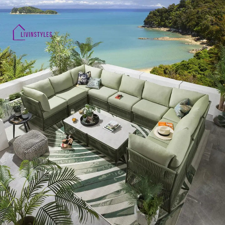 Dieter Outdoor Sofa Set 9 Seater and 2 Center Table Set (Green) Braided & Rope - Sofa Sets