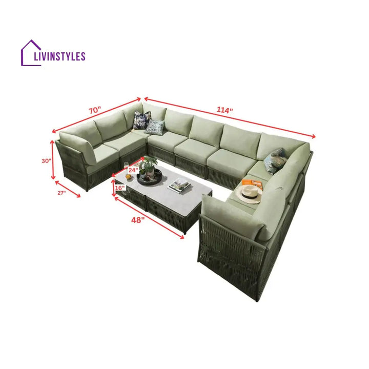 Dieter Outdoor Sofa Set 9 Seater and 2 Center Table Set (Green) Braided & Rope - Sofa Sets
