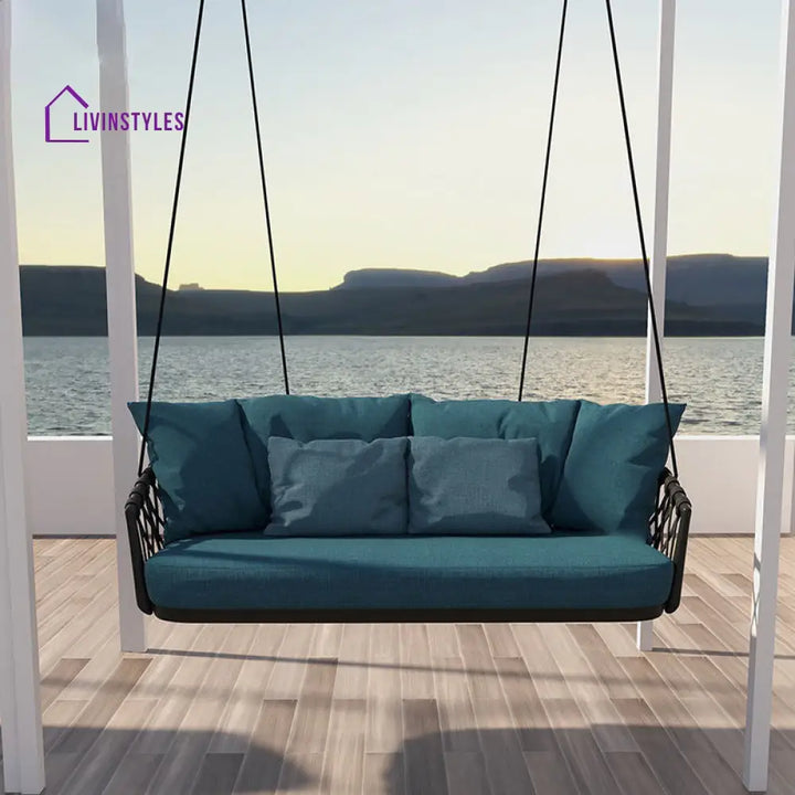 Dimitra Double Seater Hanging Swing Without Stand For Balcony Garden Swing (Black + Ocean) Braided & Rope - Swings