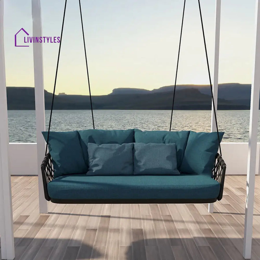 Dimitra Double Seater Hanging Swing Without Stand For Balcony Garden Swing (Black + Ocean) Braided & Rope - Swings