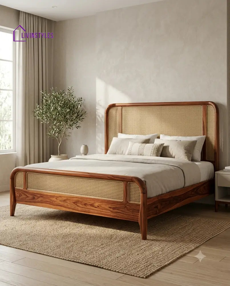 Dinesh Wooden Bed with Cane Weaving Headboard Design | Bed without Storage