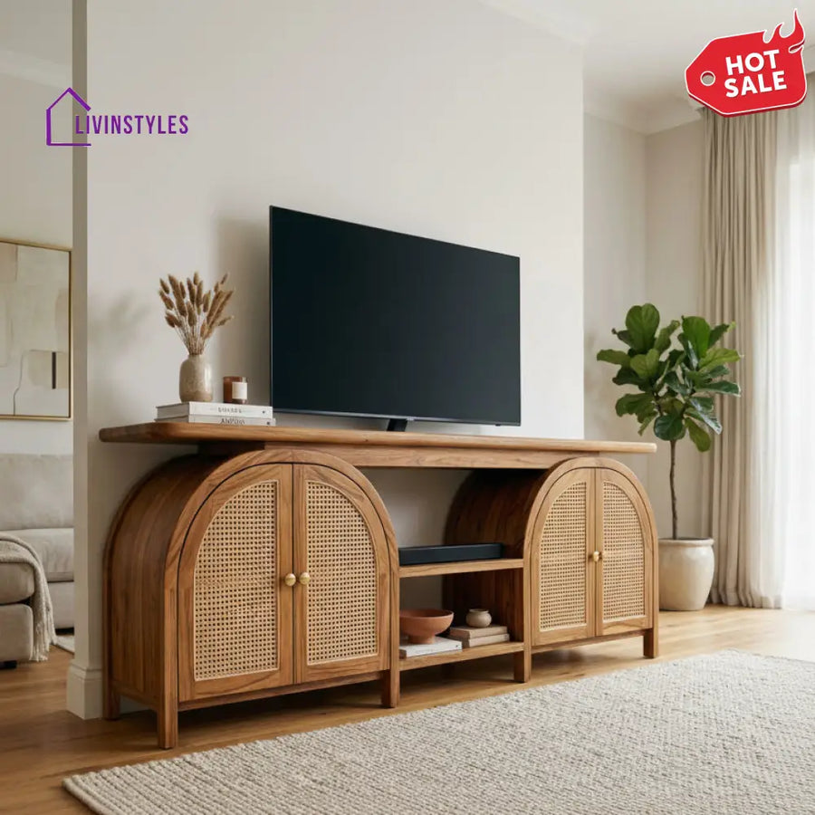 Dipti Premium Solid Wood TV Unit with Cane Panel Cabinet