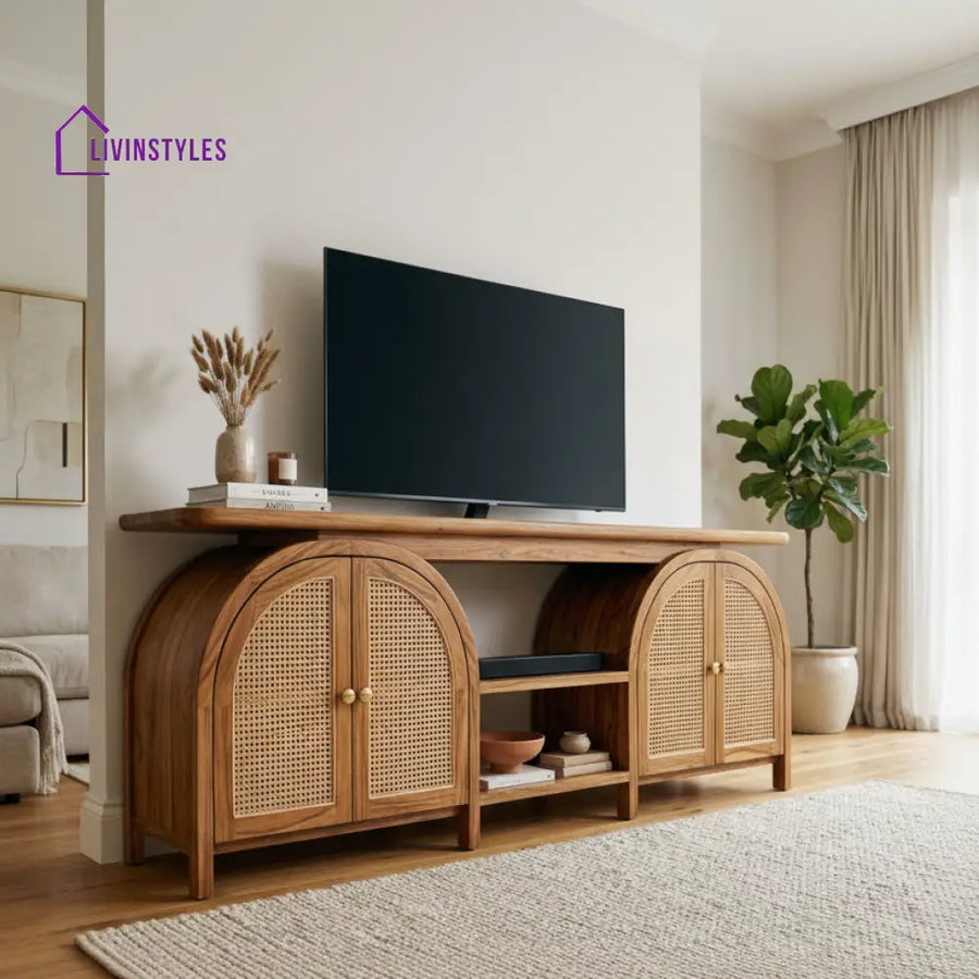 Dipti Premium Solid Wood TV Unit with Cane Panel Cabinet