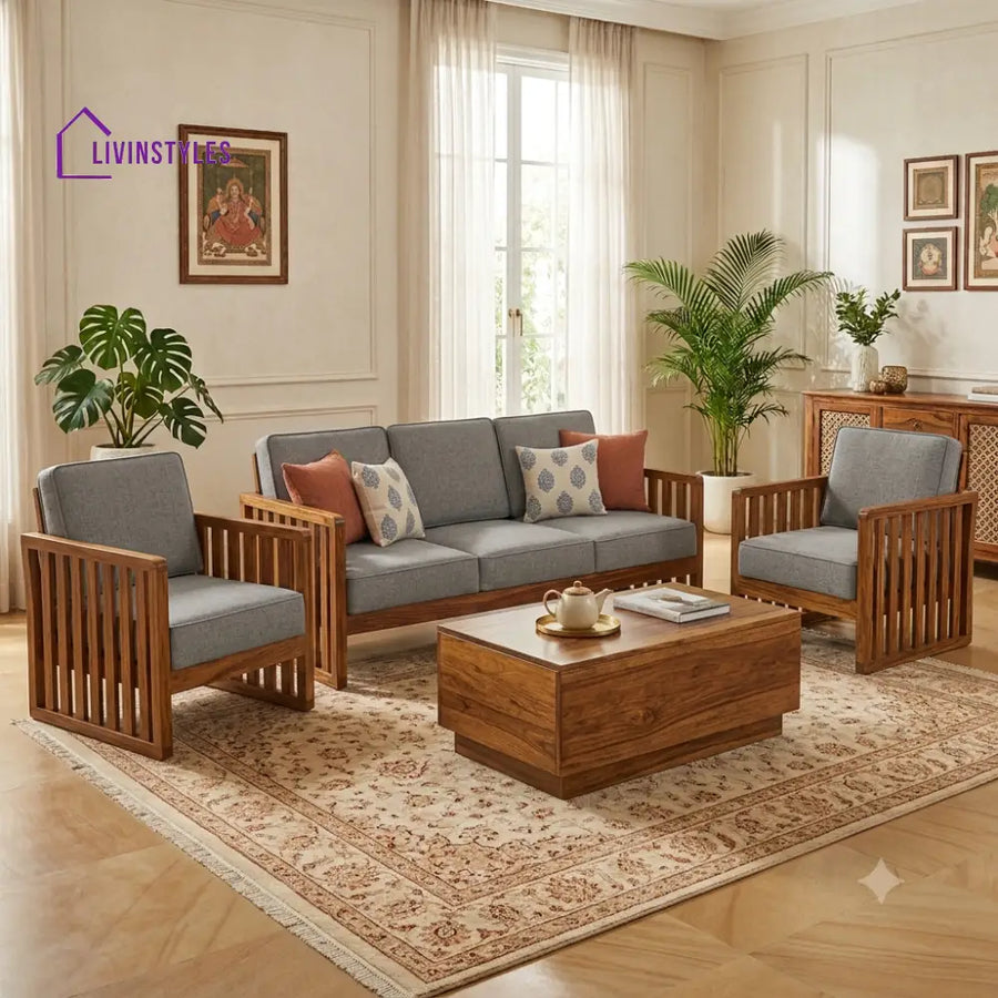 Disha Wooden Sofa Set | 3 + 1 + 1 Sheesham Wood Sofa Set for Living Room