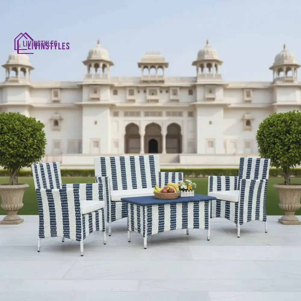 Divya 4Pcs Patio Rattan Furniture Set (White And Blue Wicker/White Cushion)