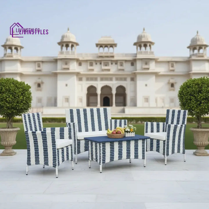 Divya 4Pcs Patio Rattan Furniture Set (White And Blue Wicker/White Cushion)