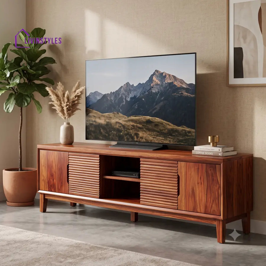 Divya Sheesham Wood TV Unit With Storage For Living Room 72 Inch Cabinet