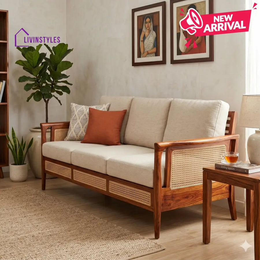 Diya Sheesham Wood and Cane Sofa for Living Room